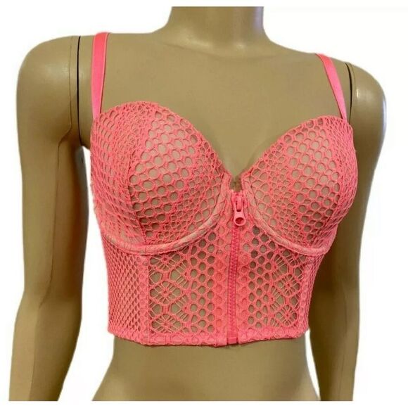 Victoria’s Secret Longline Lightly Lined Demi Fishnet Zip Up Bra Coral 34DD - Picture 3 of 3